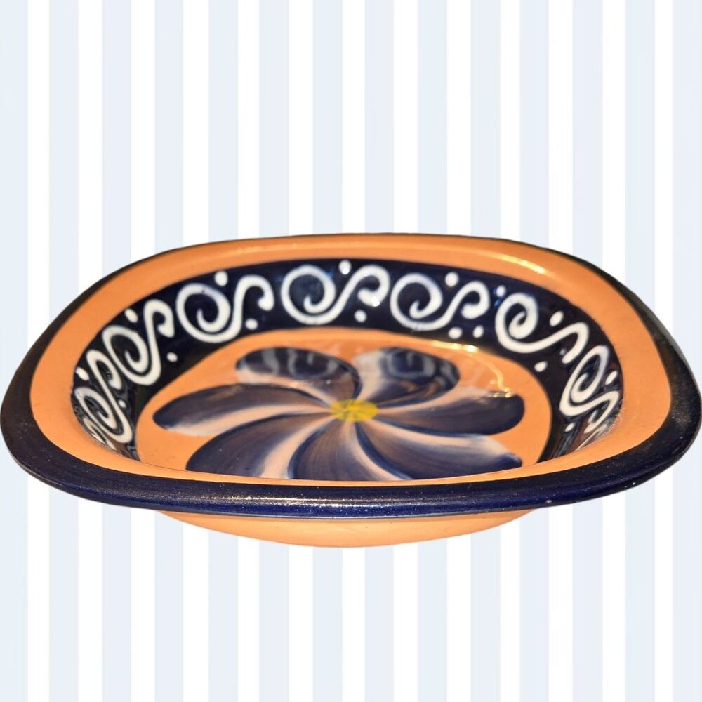 Mexican Red Clay Pottery Bowl Blue And White Flower And Scroll Design